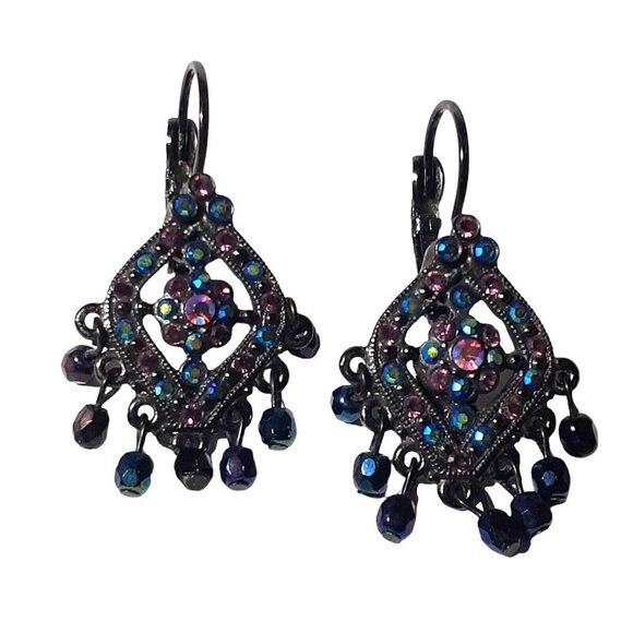 Vintage JOAN RIVERS Gunmetal Aurora Borealis Chandelier Pierced Earrings - Picture 11 of 12